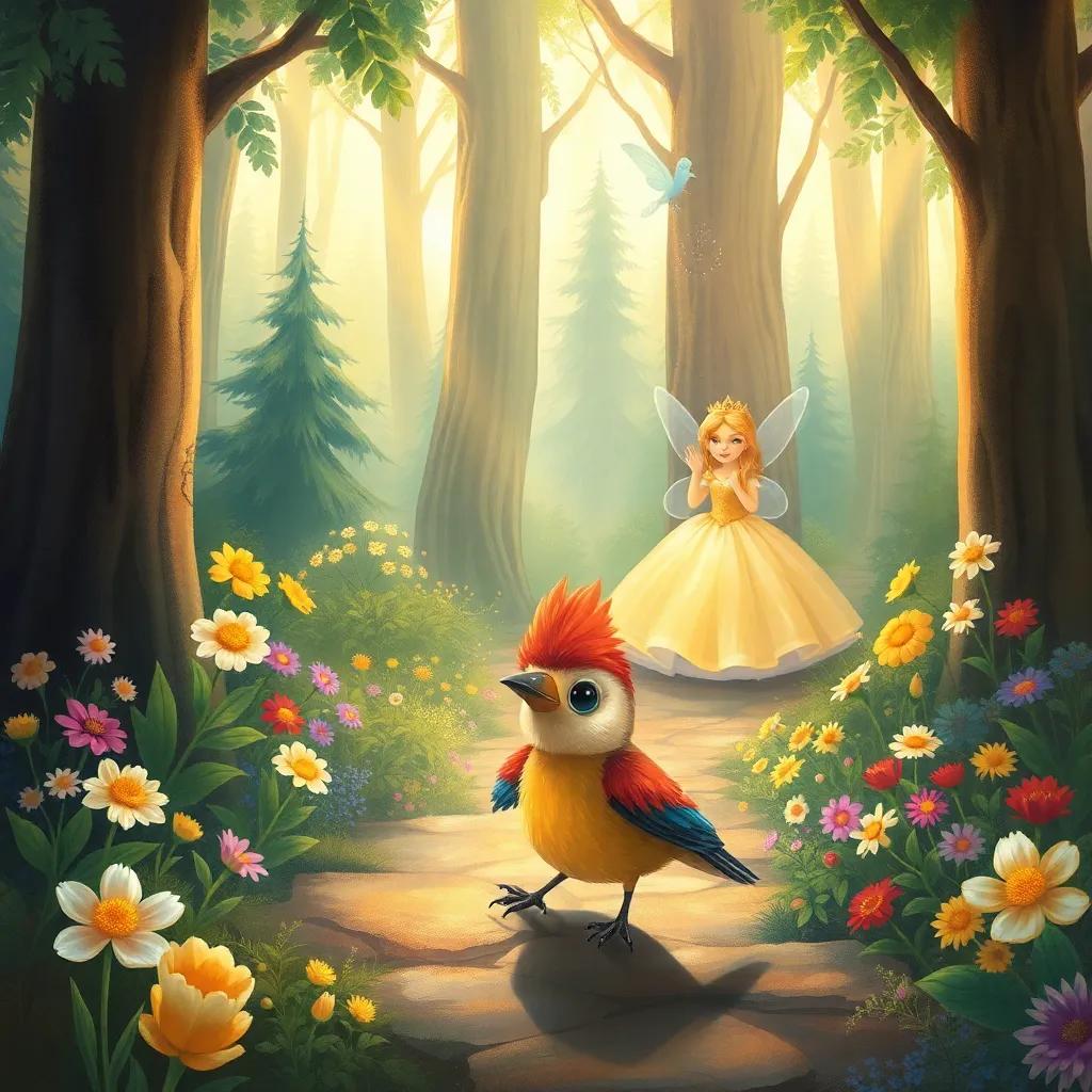 Toto, the small bird with colorful feathers, entering a magical forest filled with bright flowers and tall trees, a lovely fairy princess waving, illustration, enchanting, warm light, inviting atmosphere, child-friendly