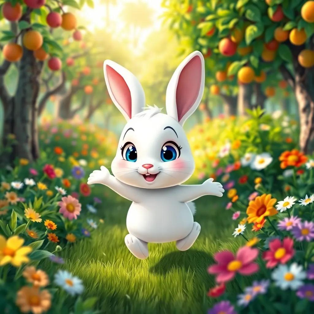 A small white rabbit, Toto, with big blue eyes, hopping joyfully in a colorful forest filled with flowers and fruit trees, bright sun, cheerful atmosphere, digital art, high quality