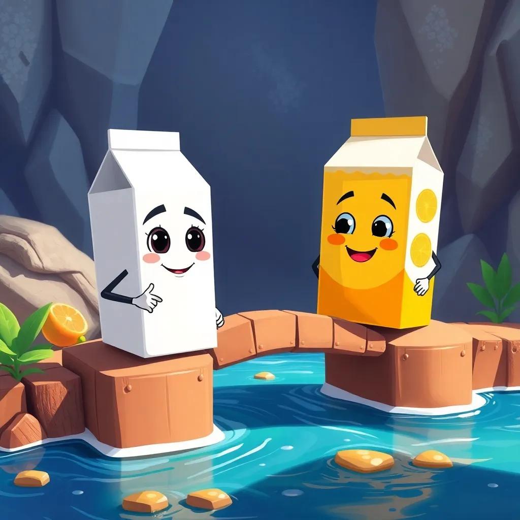 Toto, a strong milk carton, with a courageous look, and Titi, a smart orange juice carton, with a thoughtful expression, building a bridge of boxes over a floating juice river, digital painting, adventurous, uplifting colors, whimsical perspective, high quality