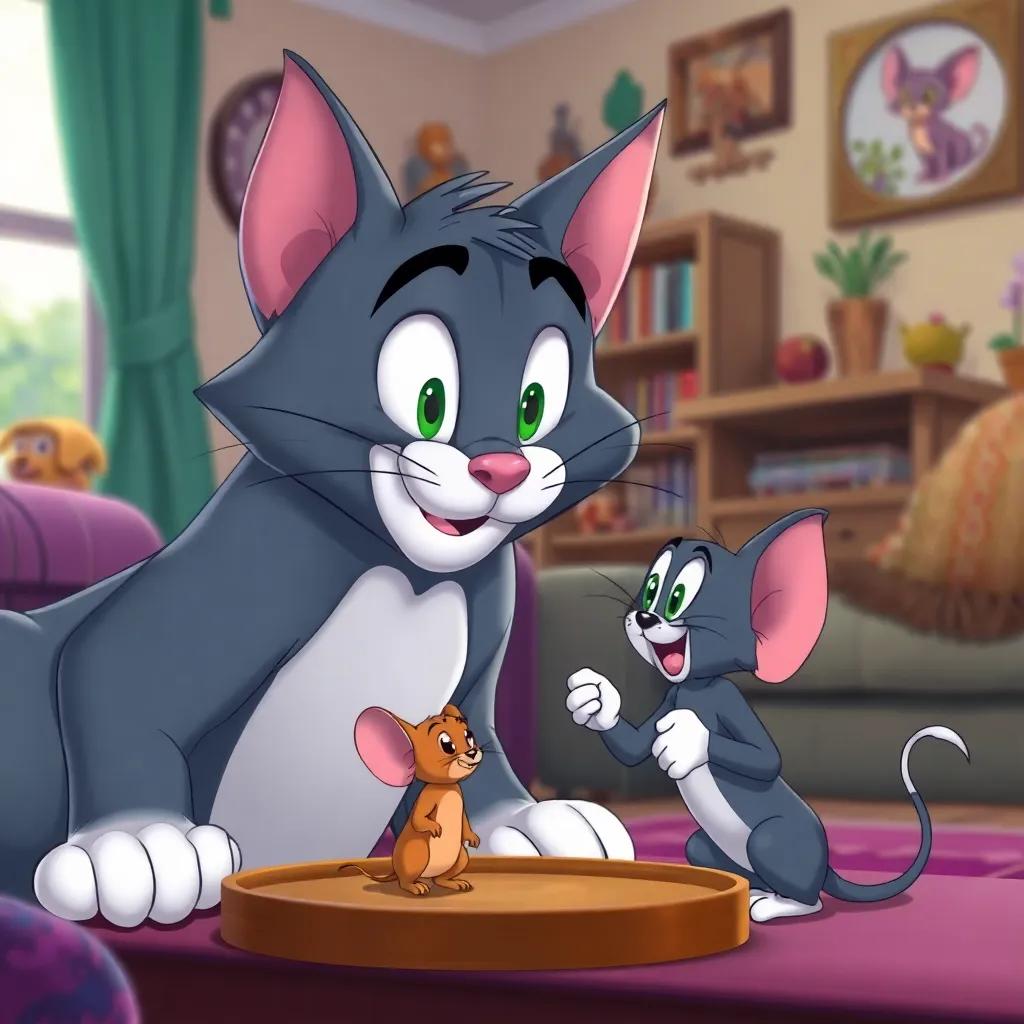 A large cat, Tom, looking eagerly at a small mouse, Jerry, both in a cozy living room, colorful, cartoon style, playful atmosphere, high quality