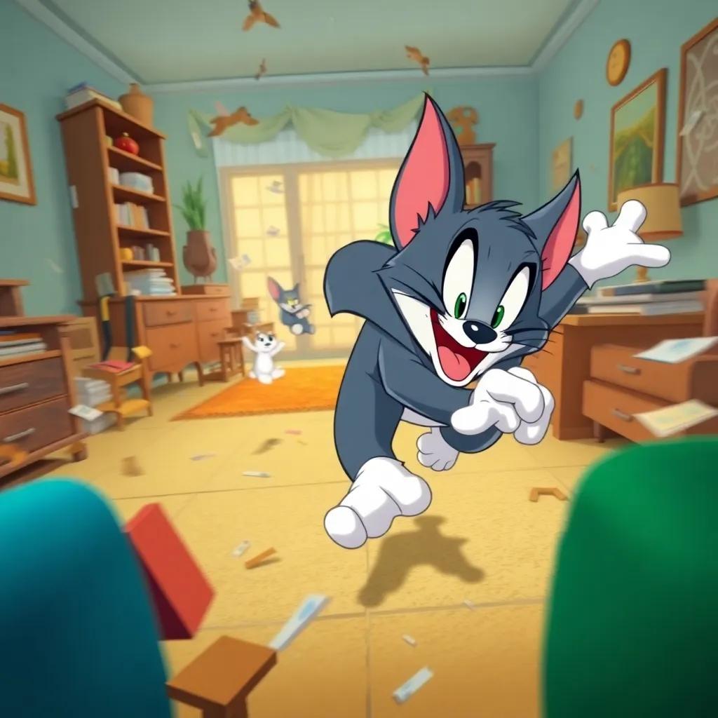 Tom chasing Jerry in a wild and chaotic pursuit around the room, furniture scattered, dynamic action, bright colors, animated style, fun perspective