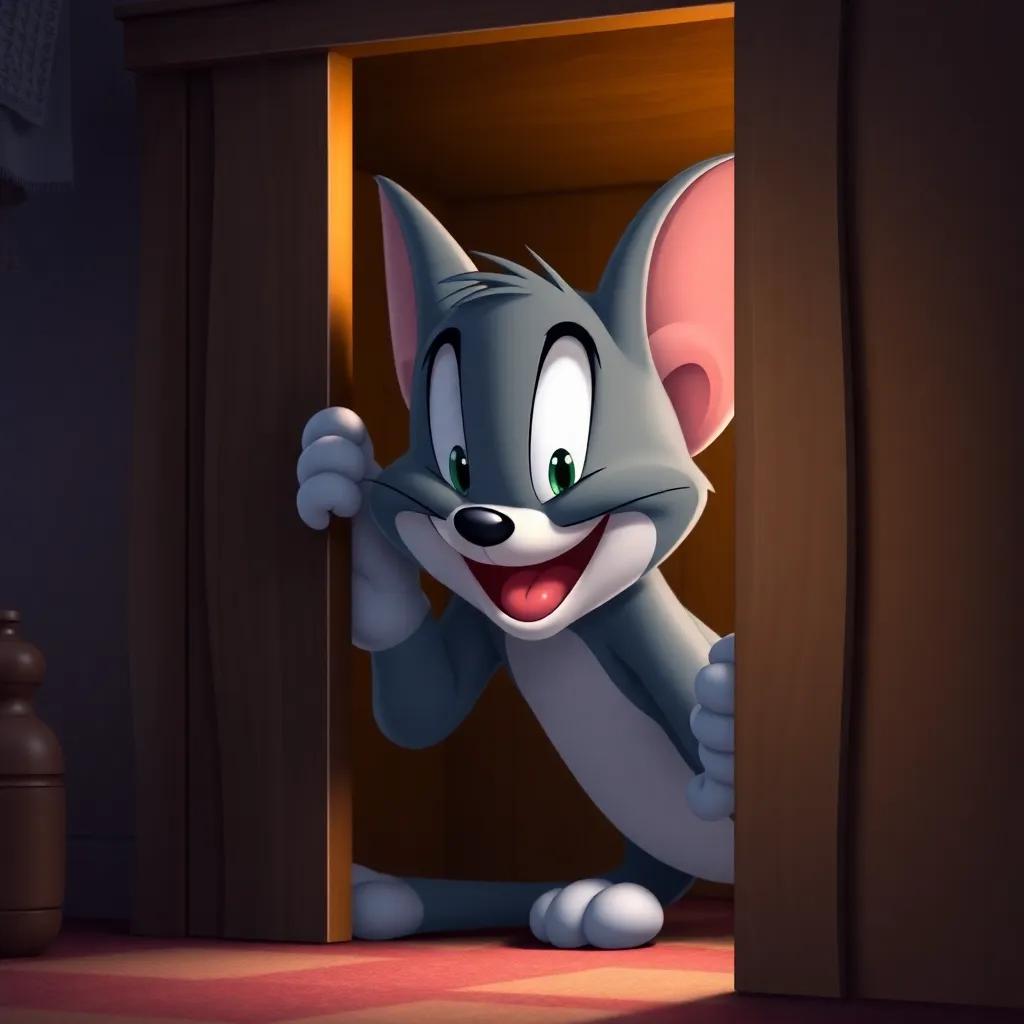 Jerry hiding in a big wardrobe with a mischievous grin, peeking out at Tom, whimsical art, cozy colors, inviting view