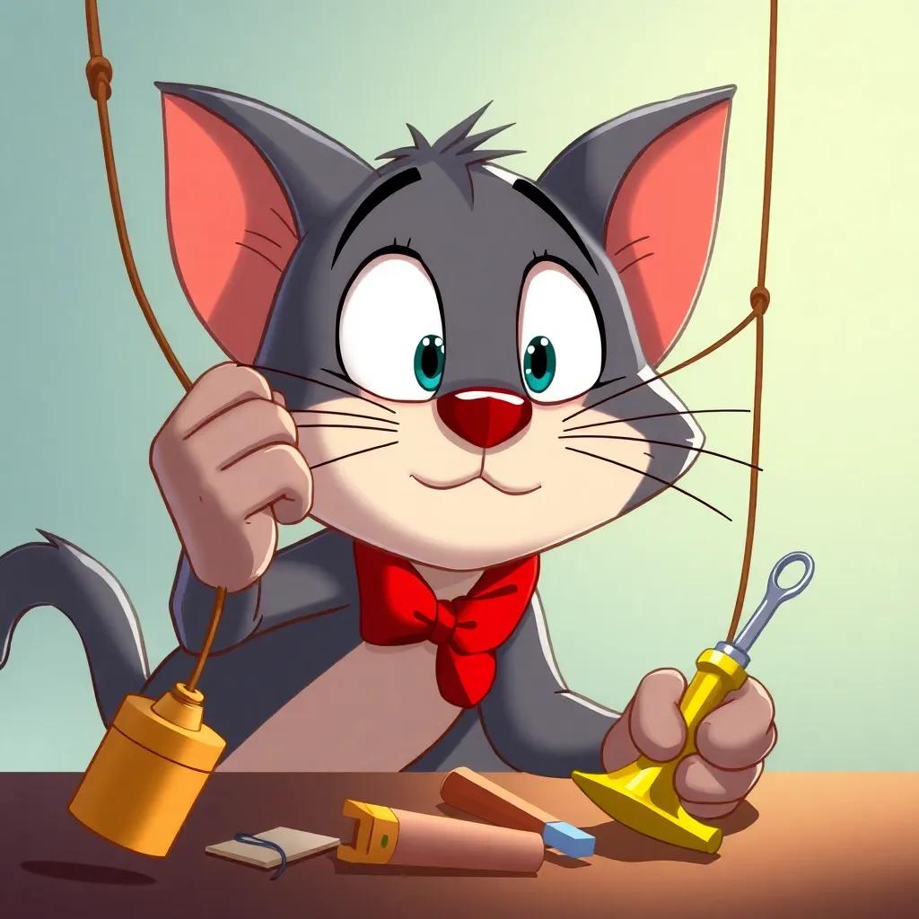 Tom plotting a trap with strong strings and tools, deep in thought, cartoonish style, lighthearted, bright lighting, cheerful