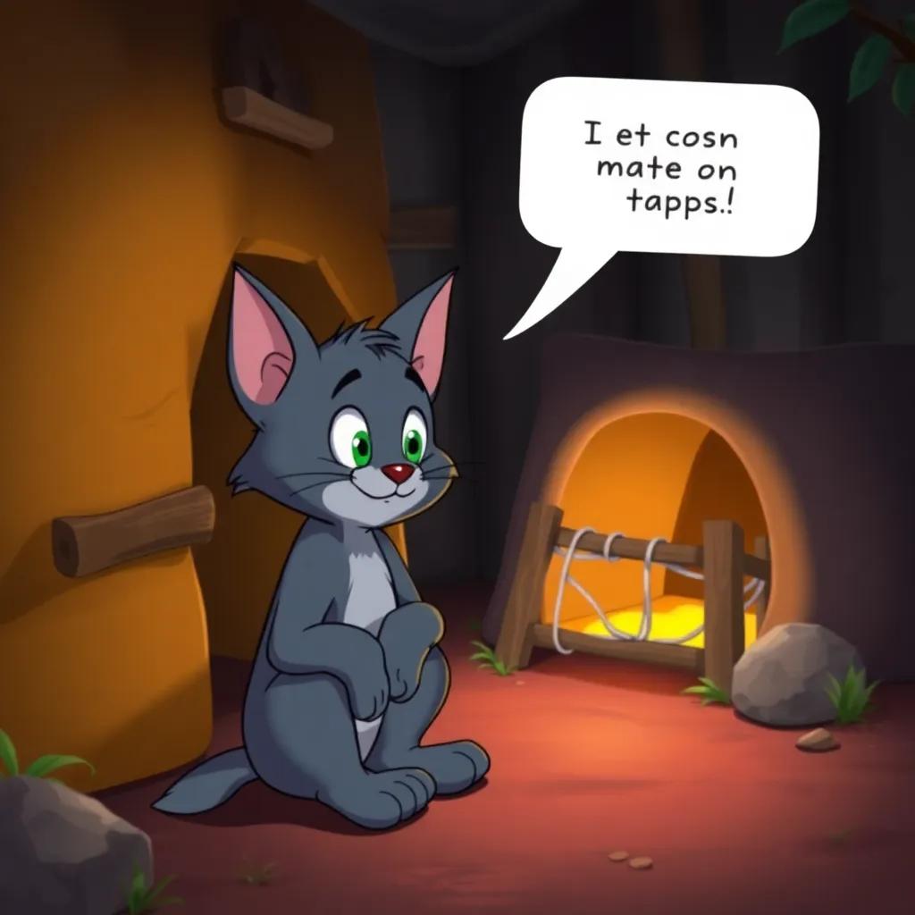 Tom waiting patiently near a trap, talking to himself, playful expression, rich colors, cozy, cartoon style, engaging