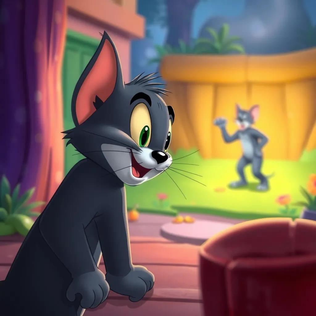 Jerry observing Tom's trap from a distance, his eyes sparkling with mischief, colorful environment, playful and lively