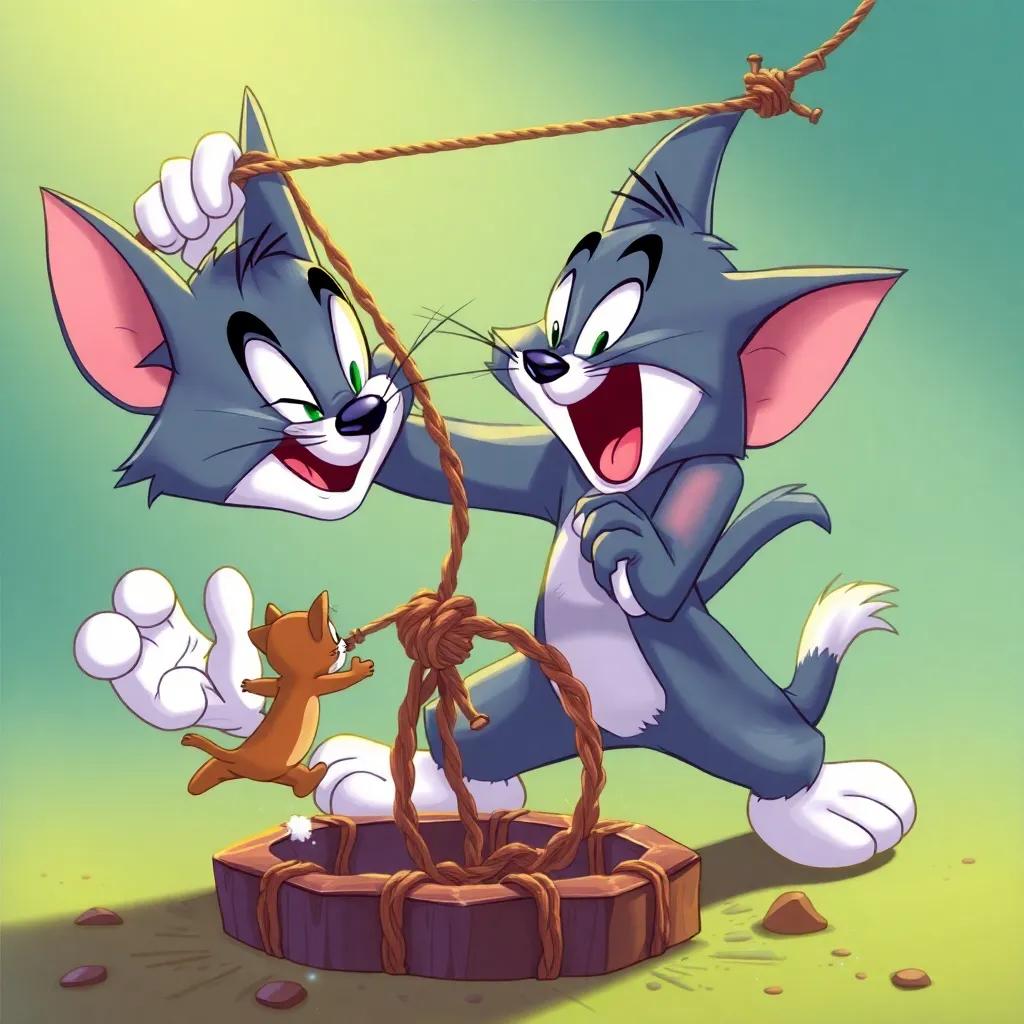 Tom pulling the string of the trap with all his might, but Jerry escapes just in time, vibrant action scene, fun and energetic