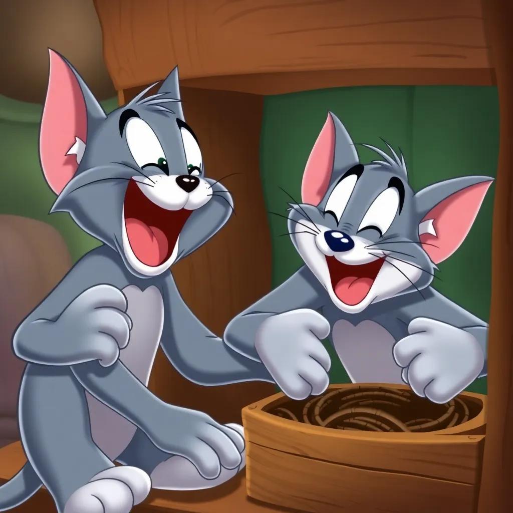Jerry laughing while Tom struggles with the trap, both characters in comedic poses, colorful and joyful, engaging cartoon scene
