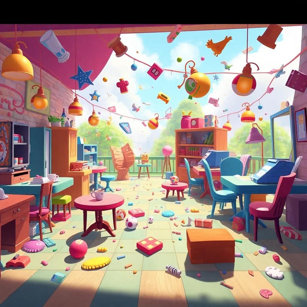 Tables flipped and objects scattered all around during the chase, whimsical view, playful chaos, bright colors, lively style