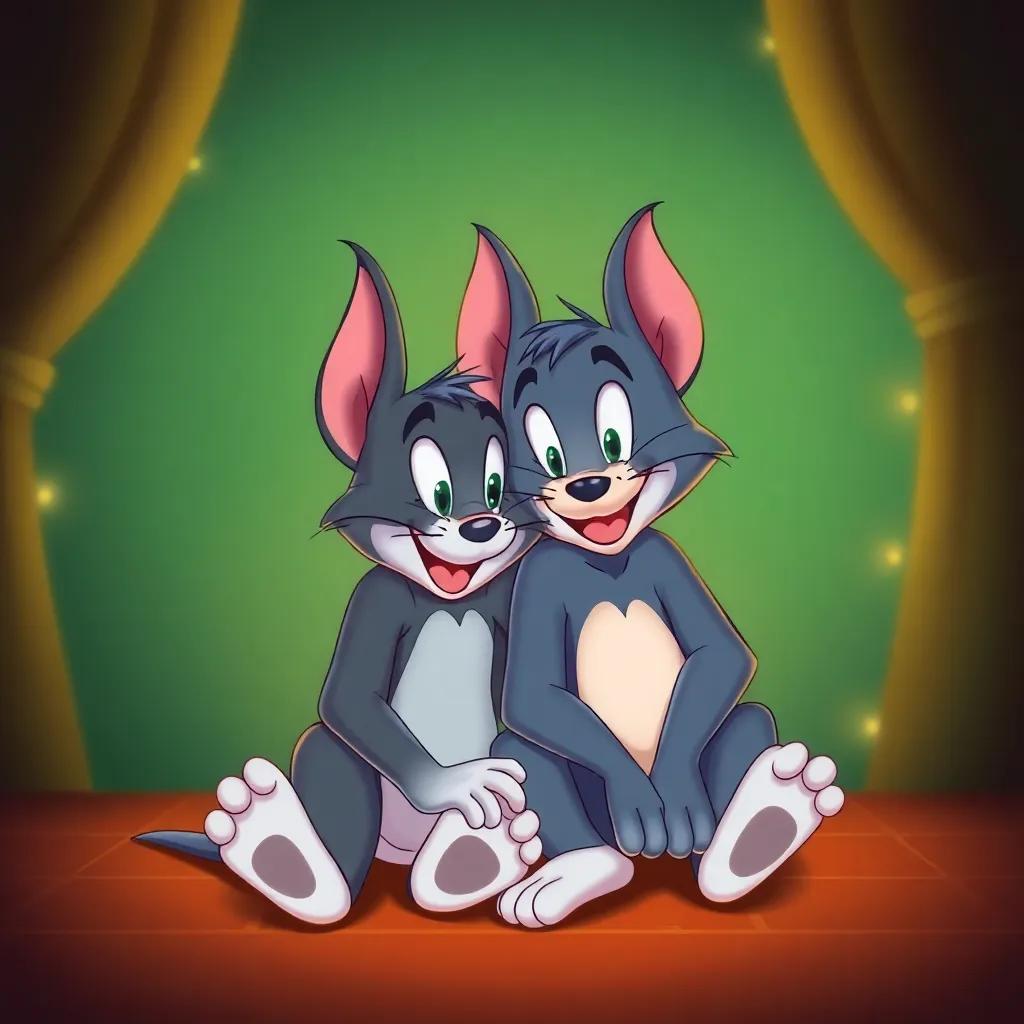 Tom and Jerry sitting together smiling, realizing their friendship, warm and inviting atmosphere, happy ending, vibrant colors