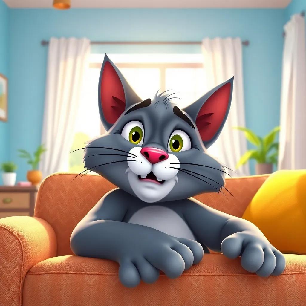 A big cartoon cat, Tom, with exaggerated expressions, lying on a couch in a bright living room, sun streaming through the window, playful atmosphere, colorful