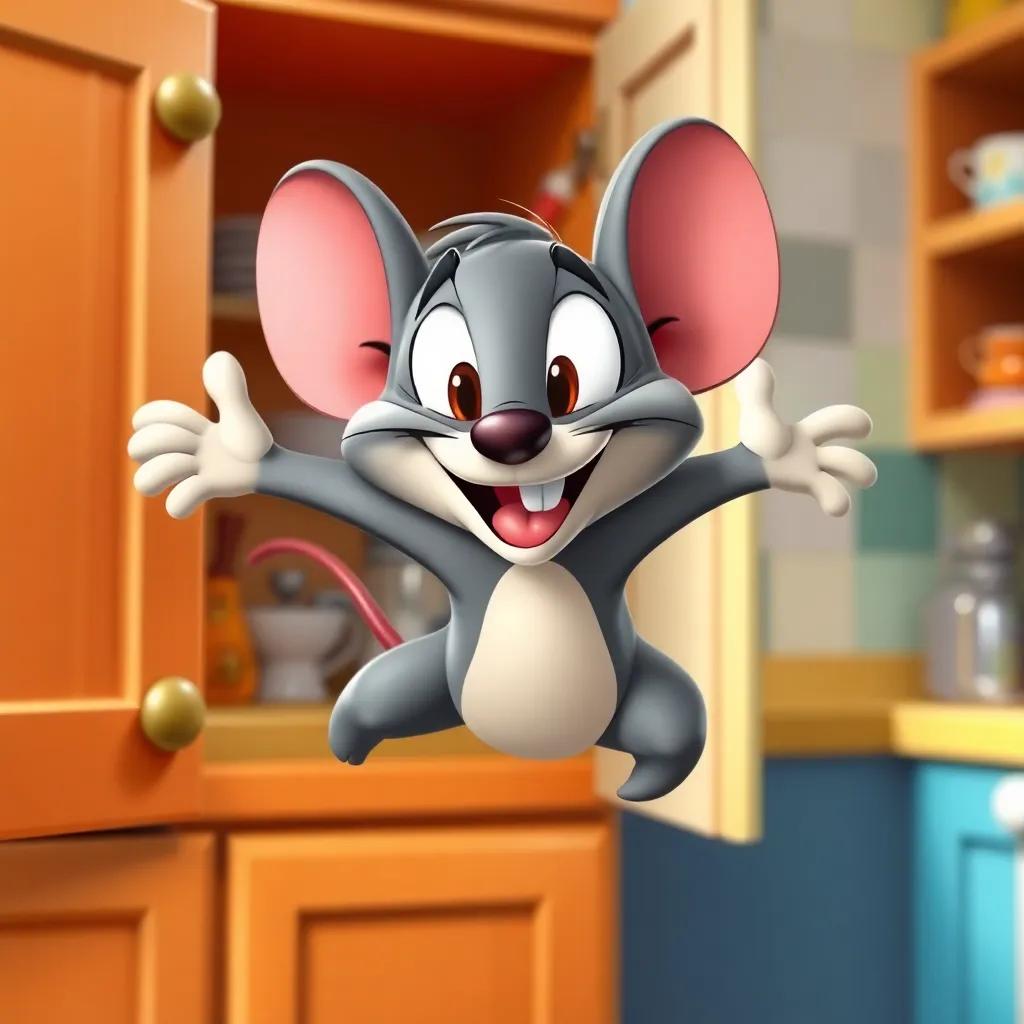 A clever little mouse, Jerry, with a cheeky smile, jumping out of a kitchen cupboard, brightly colored kitchen background, action-filled, vibrant