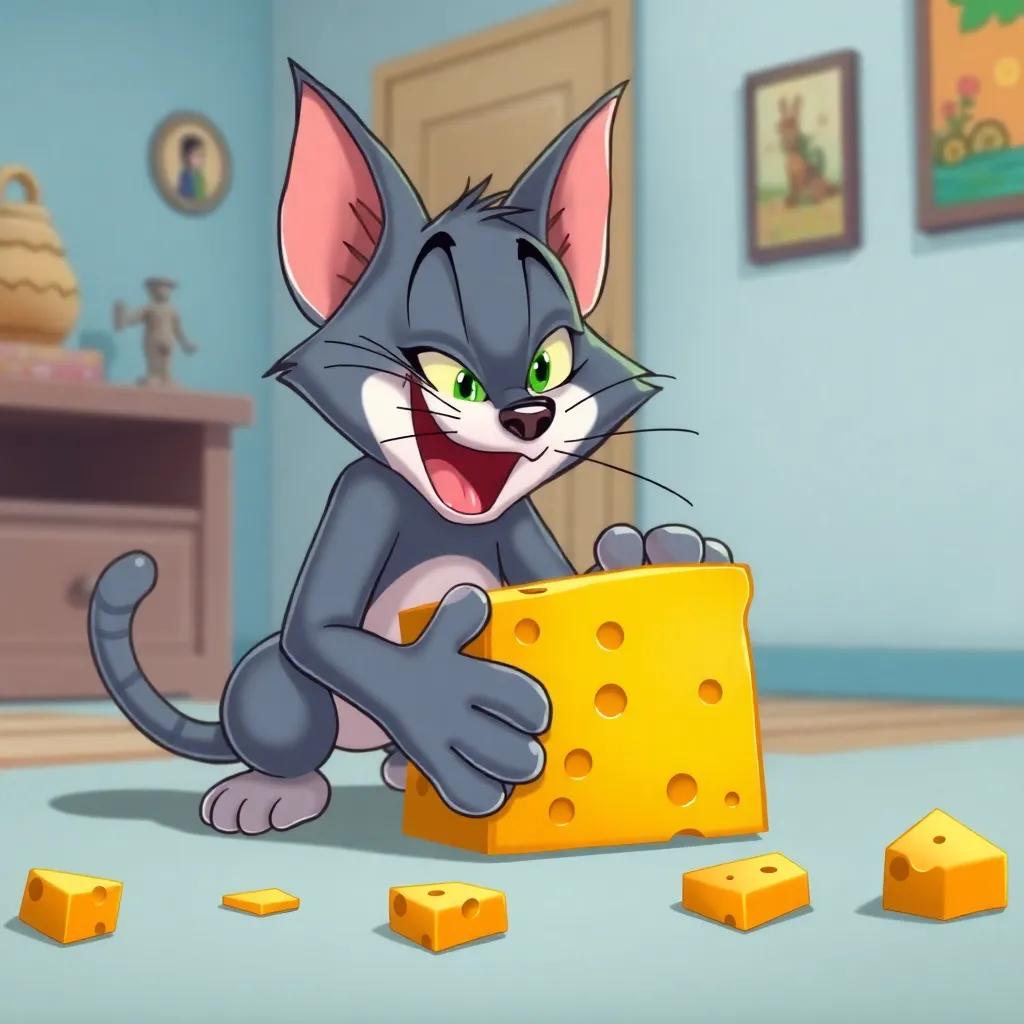Tom the cat, sneaky and determined, setting a large cheese trap in the middle of the room, mischievous expression, colorful, humorous scene