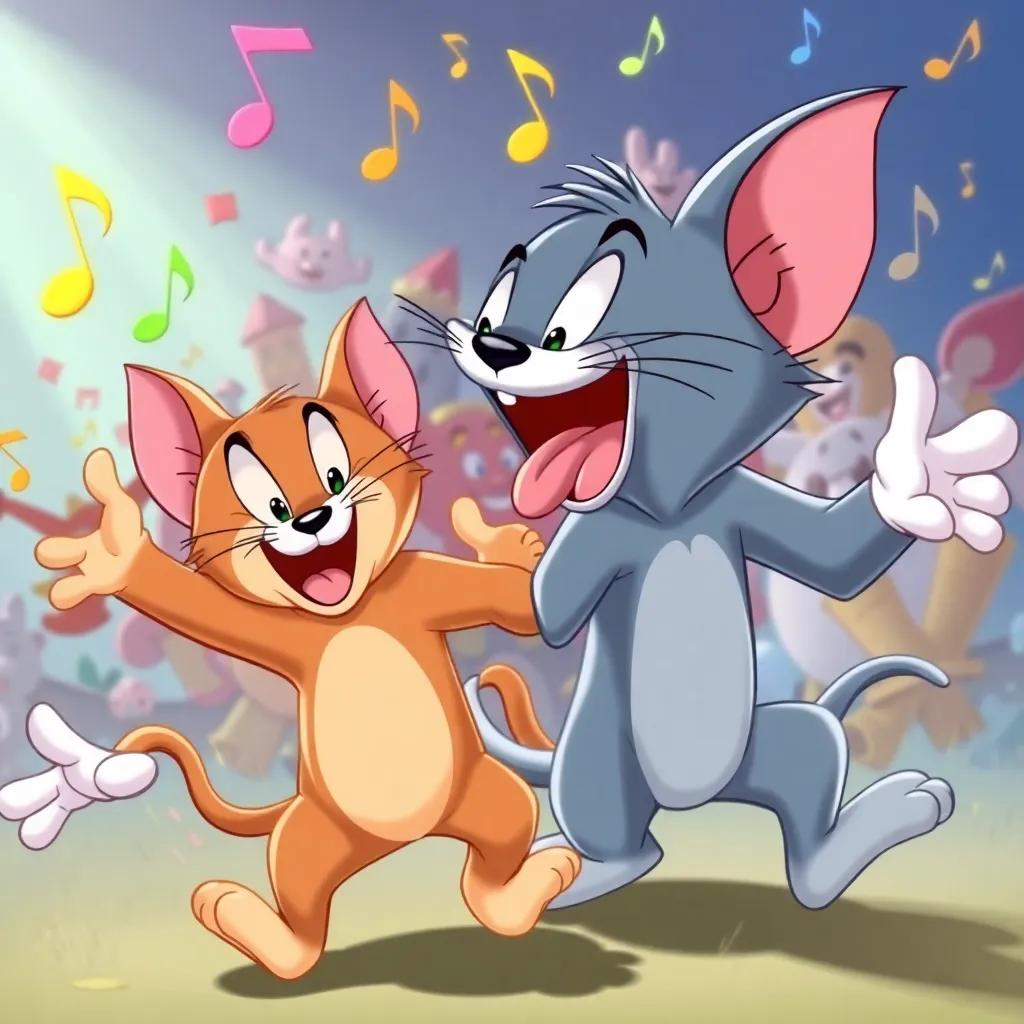A cartoon scene filled with action, showing exaggerated movements and funny expressions of Tom and Jerry, lively music notes in the air, bright colors, animated