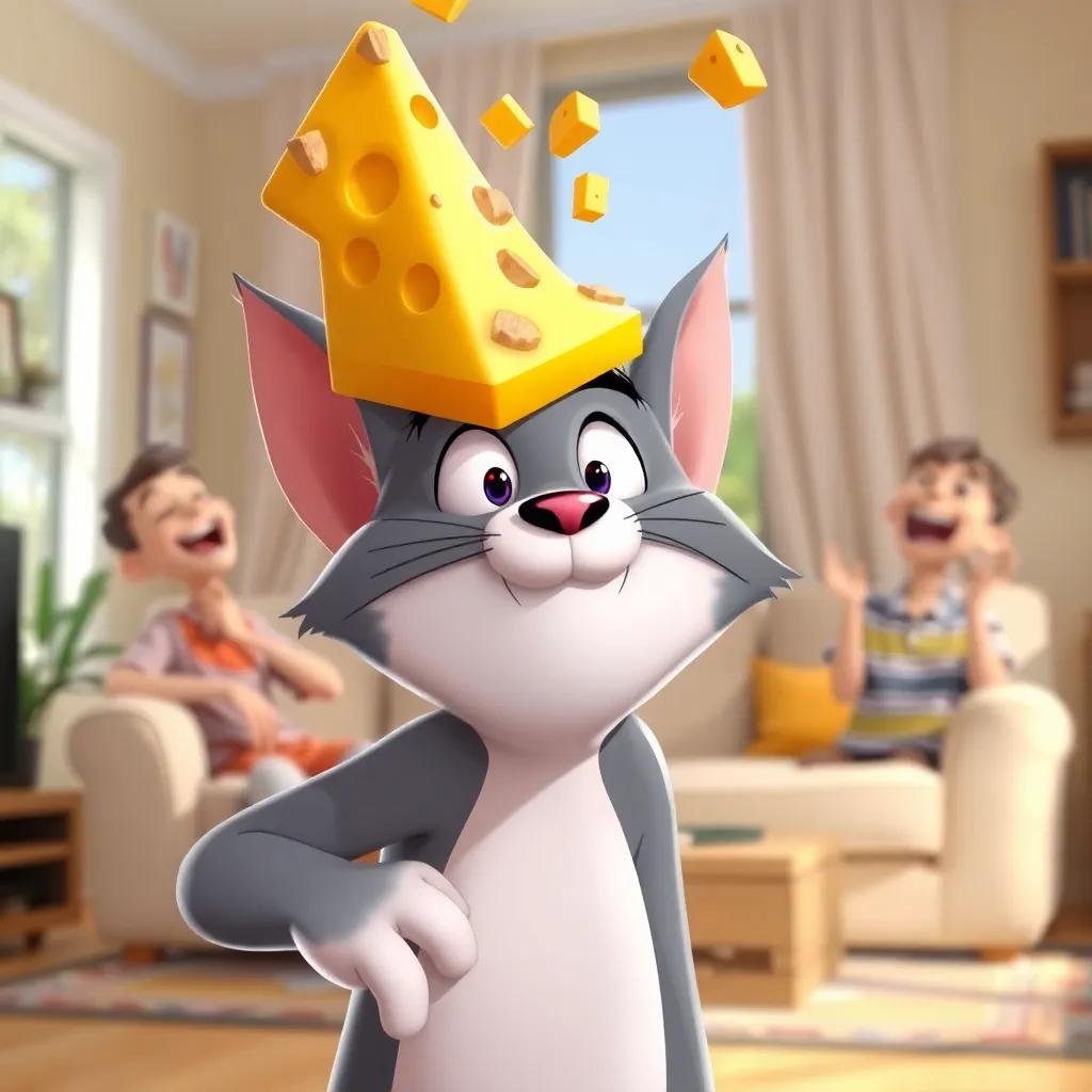 Tom looking shocked and funny, with cheese falling on top of him, bright living room around them, laughter in the air, silly expressions and exaggerated poses
