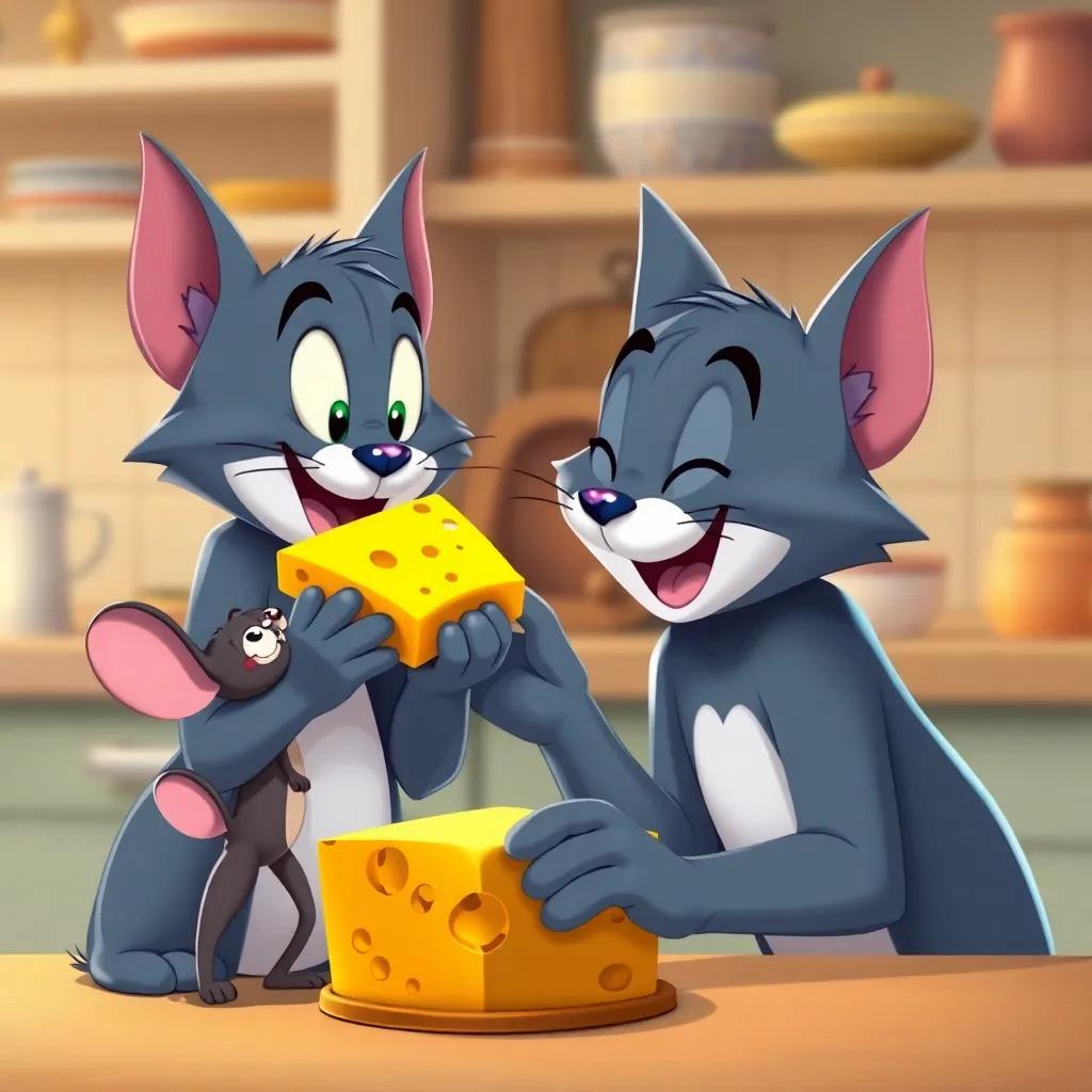 Tom the cat and Jerry the mouse sharing a piece of cheese, friendly smiles on their faces, cozy kitchen setting, warm and playful atmosphere, light colors