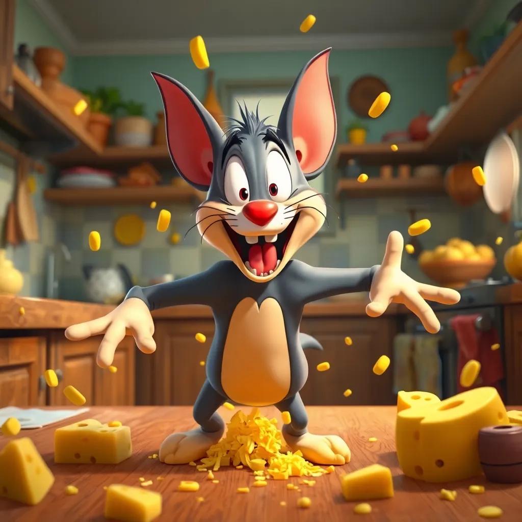 Tom in a kitchen, tripping with exaggerated expressions, comedic scene with cheese splattering everywhere, colorful, joyful ambiance