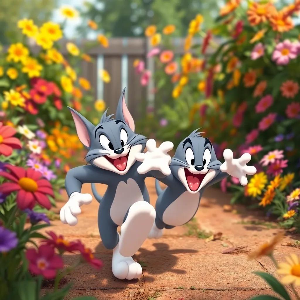 A chaotic scene in a garden with colorful flowers, Tom and Jerry making funny faces, exaggerated movements of running, playful and vibrant setting