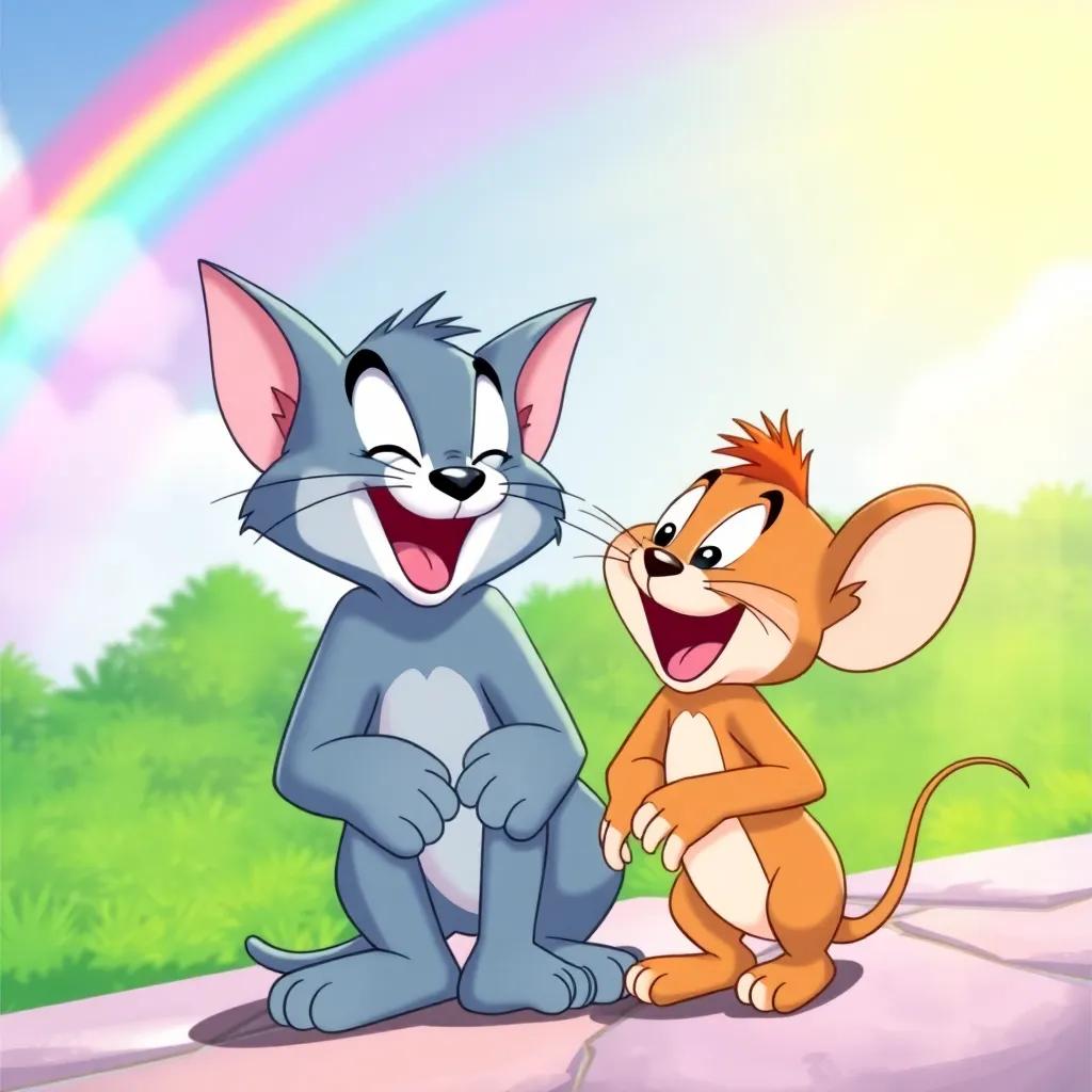 Tom the cat and Jerry the mouse happily laughing together under a bright rainbow, animated style, sunny day, colorful and cheerful atmosphere