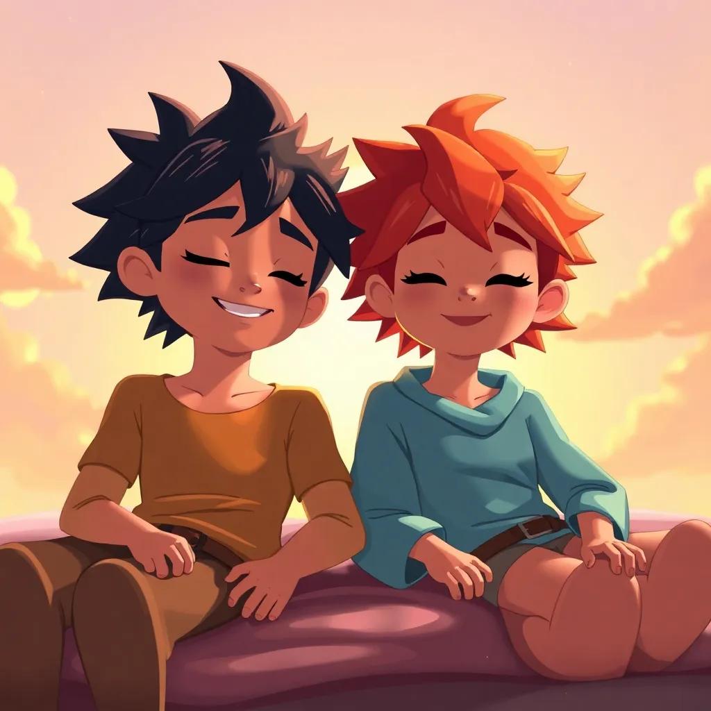 Both characters resting under the sun after their adventures, side by side, friendly expressions, heartwarming moment, warm colors and soft light