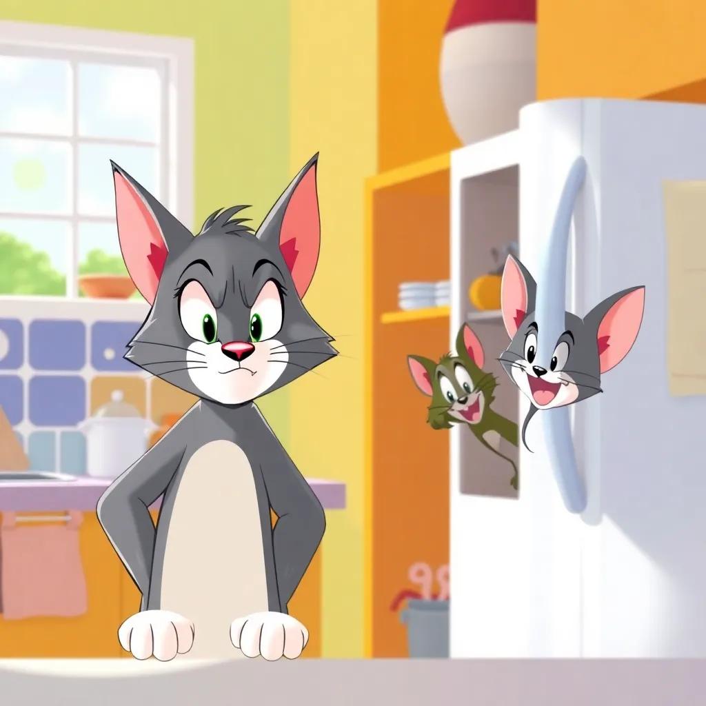 A sunny kitchen scene with Tom the cat looking serious and determined, and Jerry the mouse hiding behind the fridge with a mischievous grin, bright colors, cheerful atmosphere, digital art, vibrant, child-friendly