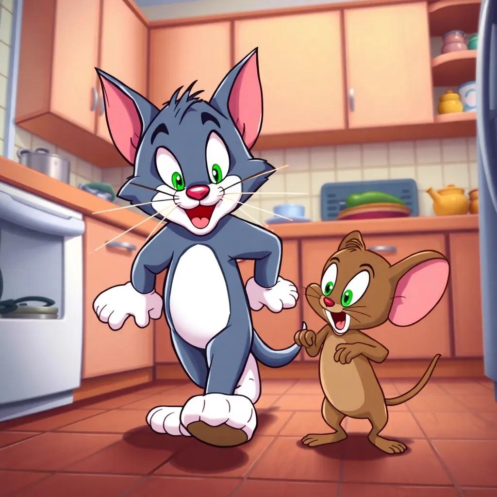 Tom the cat with exaggerated movements as he walks through the kitchen with sparks in his eyes, Jerry the mouse with shining eyes planning his next move, playful composition, engaging illustration, colorful