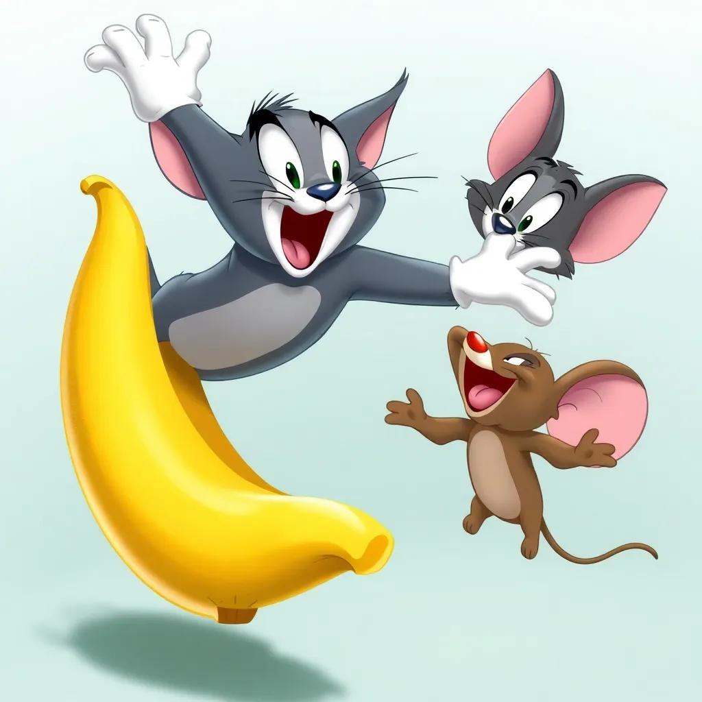 Tom the cat slipping on a banana peel, flying in the air with a surprised expression, while Jerry the mouse laughs heartily, cartoonish style, comedic focus, high-energy scene