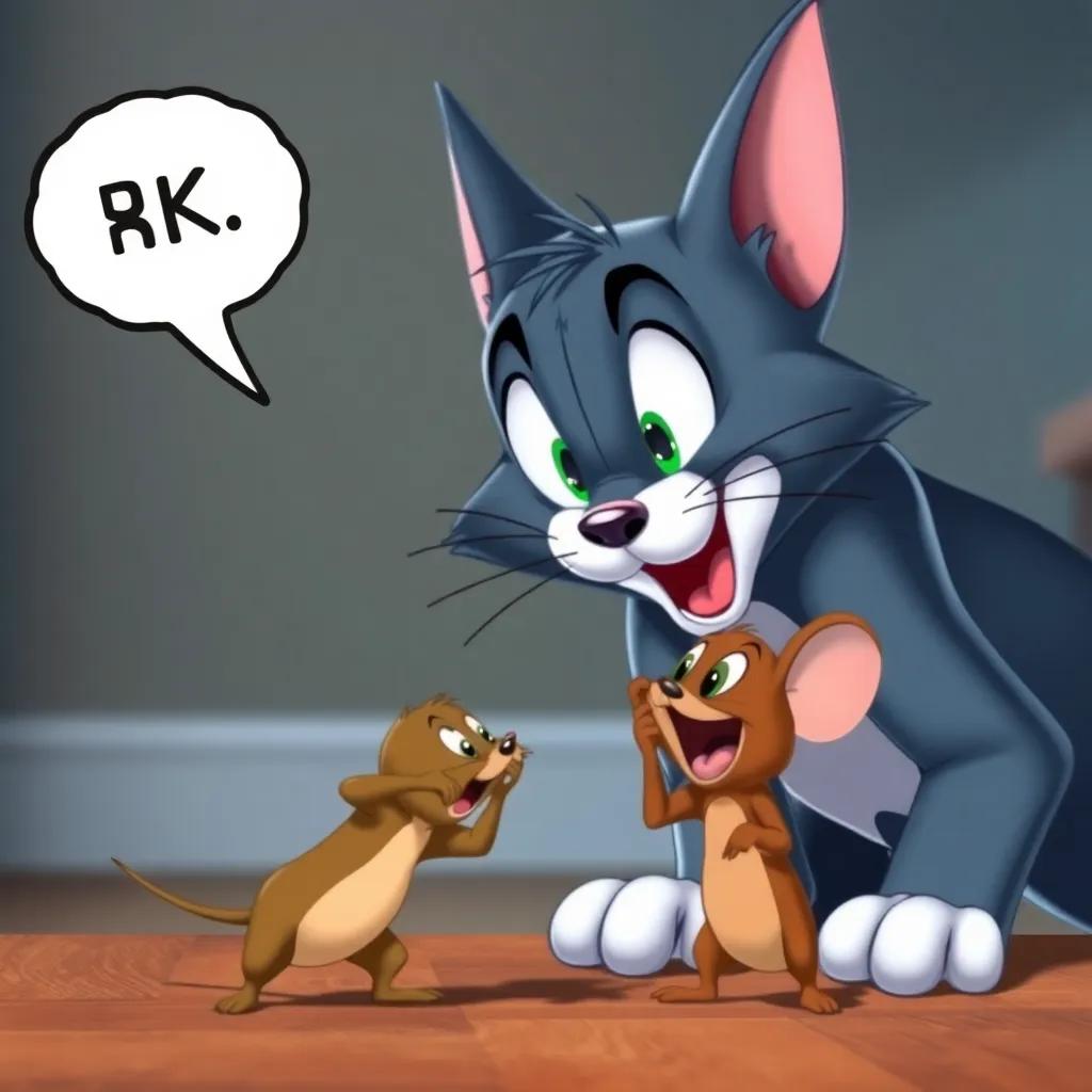 Tom the cat looking bewildered as Jerry the mouse jumps over him, excitedly exclaiming, with a playful atmosphere, vivid colors, dynamic angles, animation-style