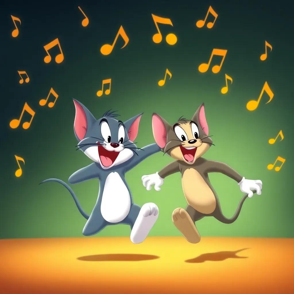 Background music notes floating in the air, with Tom and Jerry engaging in their comical chase, funny and lively scene, animated art, bright and cheerful, family-friendly