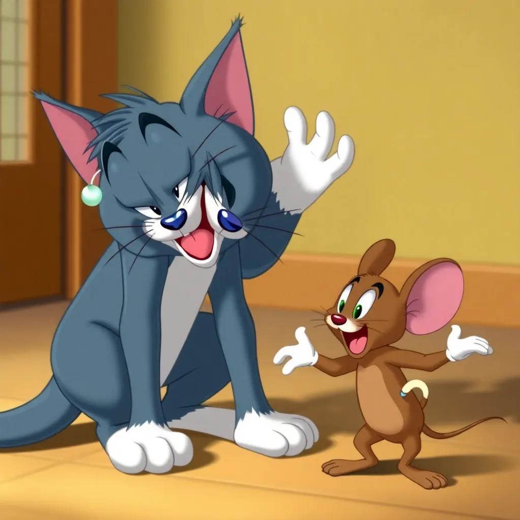 Tom the cat struggling to regain his balance with exaggerated expressions while Jerry the mouse cleverly avoids him, cartoon-style, humorous expressions, engaging and fun