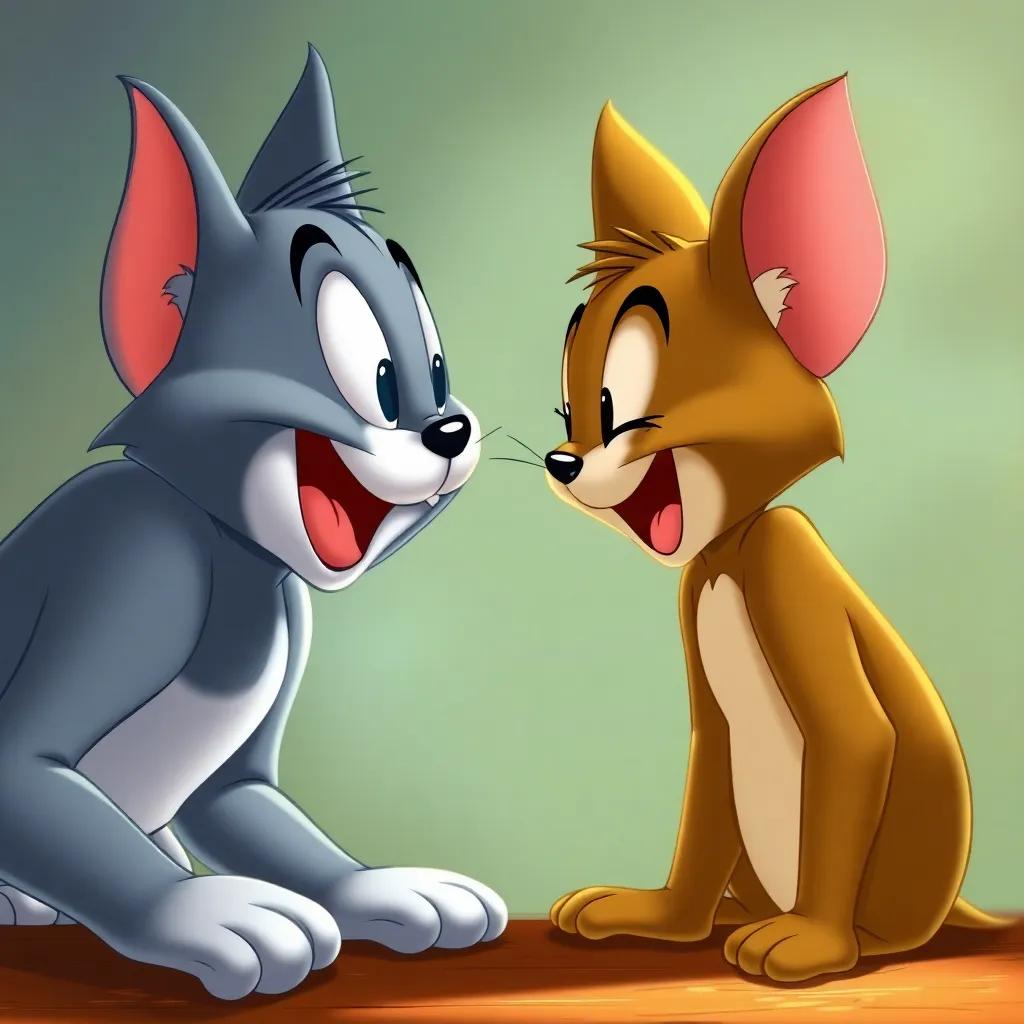 A rare moment of friendship between Tom and Jerry, looking at each other and smiling, filled with warmth and laughter, tender atmosphere, vibrant colors, heartwarming style