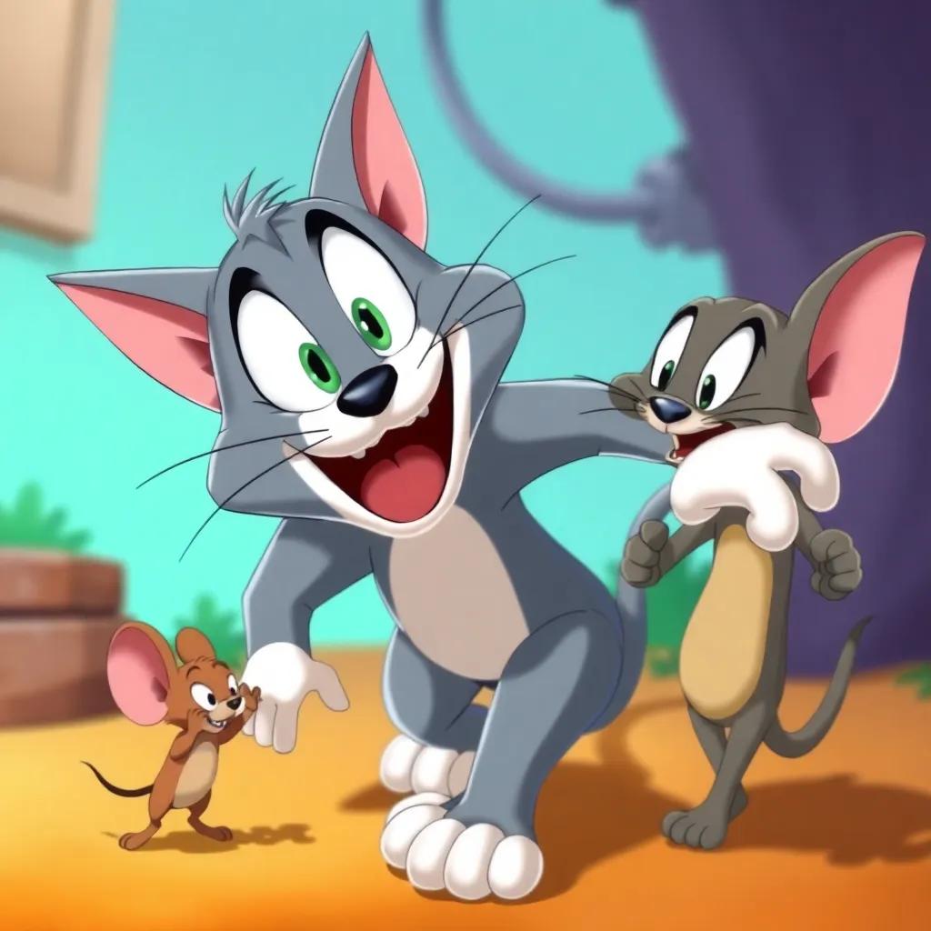 Tom the cat playfully resumed the chase after Jerry the mouse, with a determined look and funny antics, cartoonish scene, lively colors, dynamic action