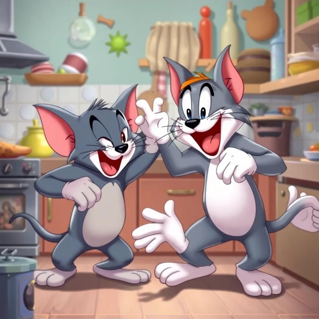 Tom and Jerry in a chaotic kitchen scene, fighting playfully but with signs of friendship visible, colorful and lively, cartoonish art, entertaining scene