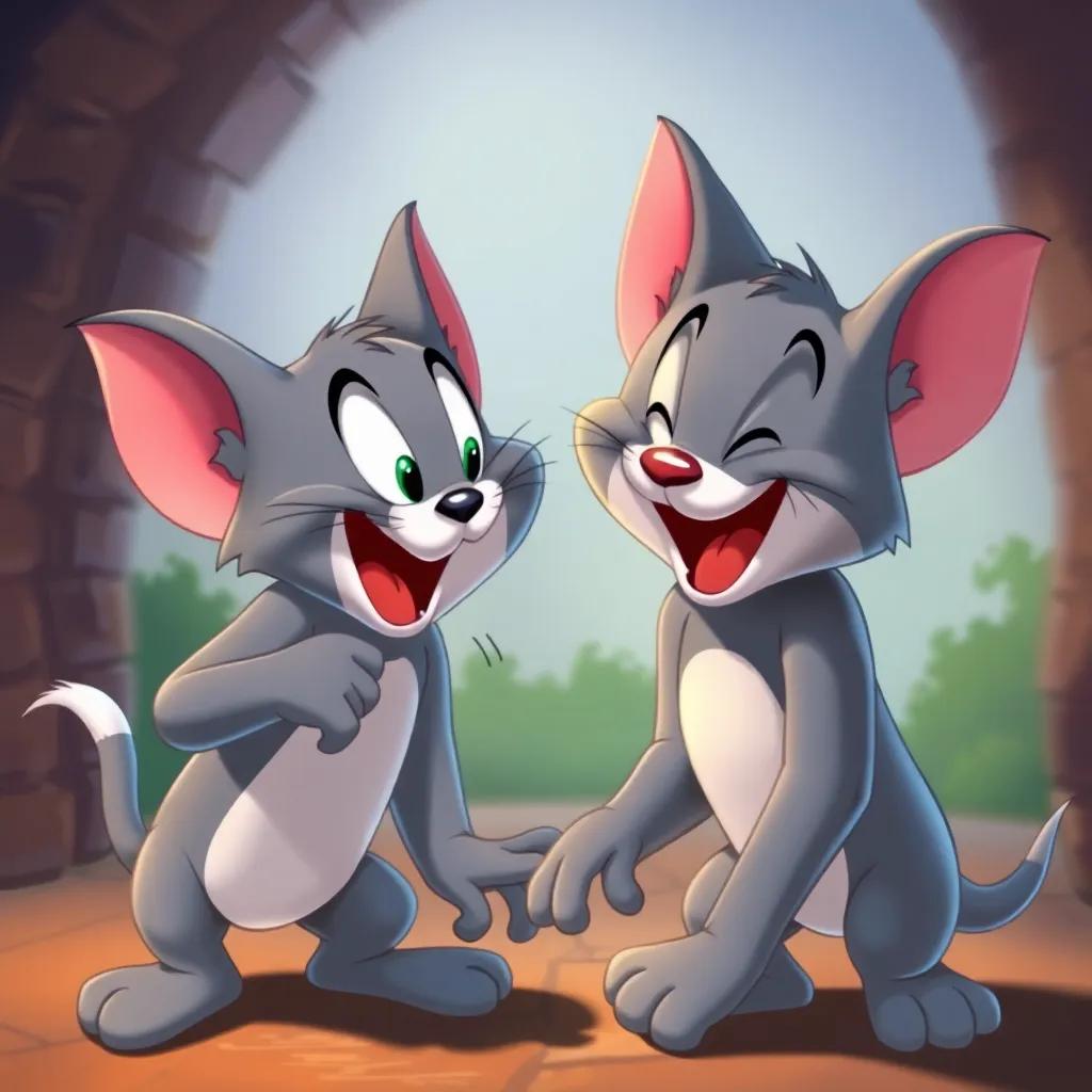 A humorous ending image of Tom and Jerry still in their playful conflict, showcasing their friendship amidst the laughter, funny expressions, vibrant colors, cheerful conclusion