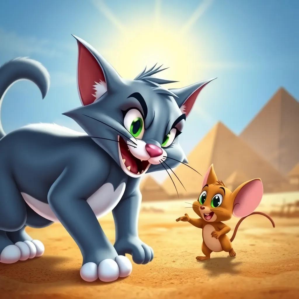 Tom, a cartoon cat with gray fur and a mischievous look, chasing Jerry, a small brown mouse with big expressive eyes, in front of the Giza pyramids, digital art, colorful, bright sunlight, lively atmosphere, vibrant textures, high quality