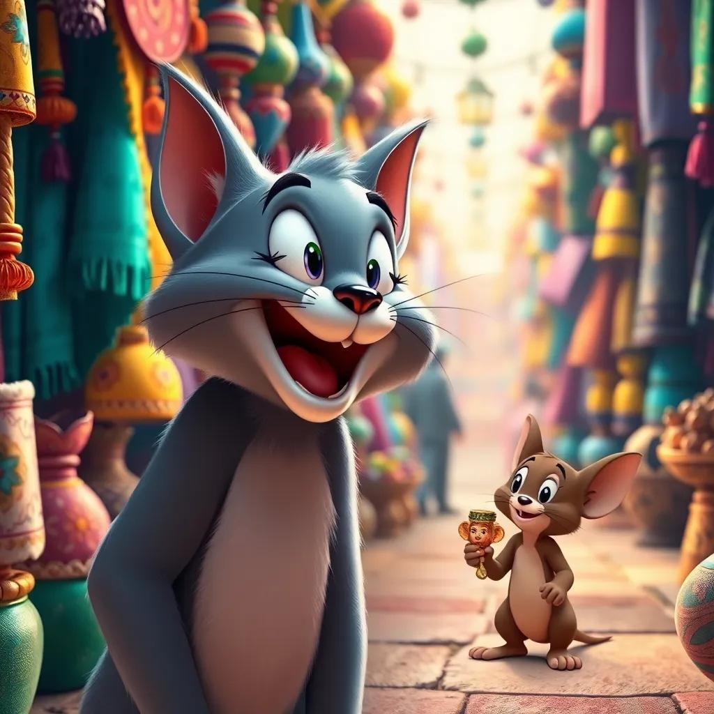Tom, a cartoon cat with gray fur, looking excited in a colorful bazaar filled with souvenirs and bright fabrics, next to Jerry, a small brown mouse holding a tiny statue, warm light, cheerful atmosphere, engaging interaction, vibrant colors, high quality