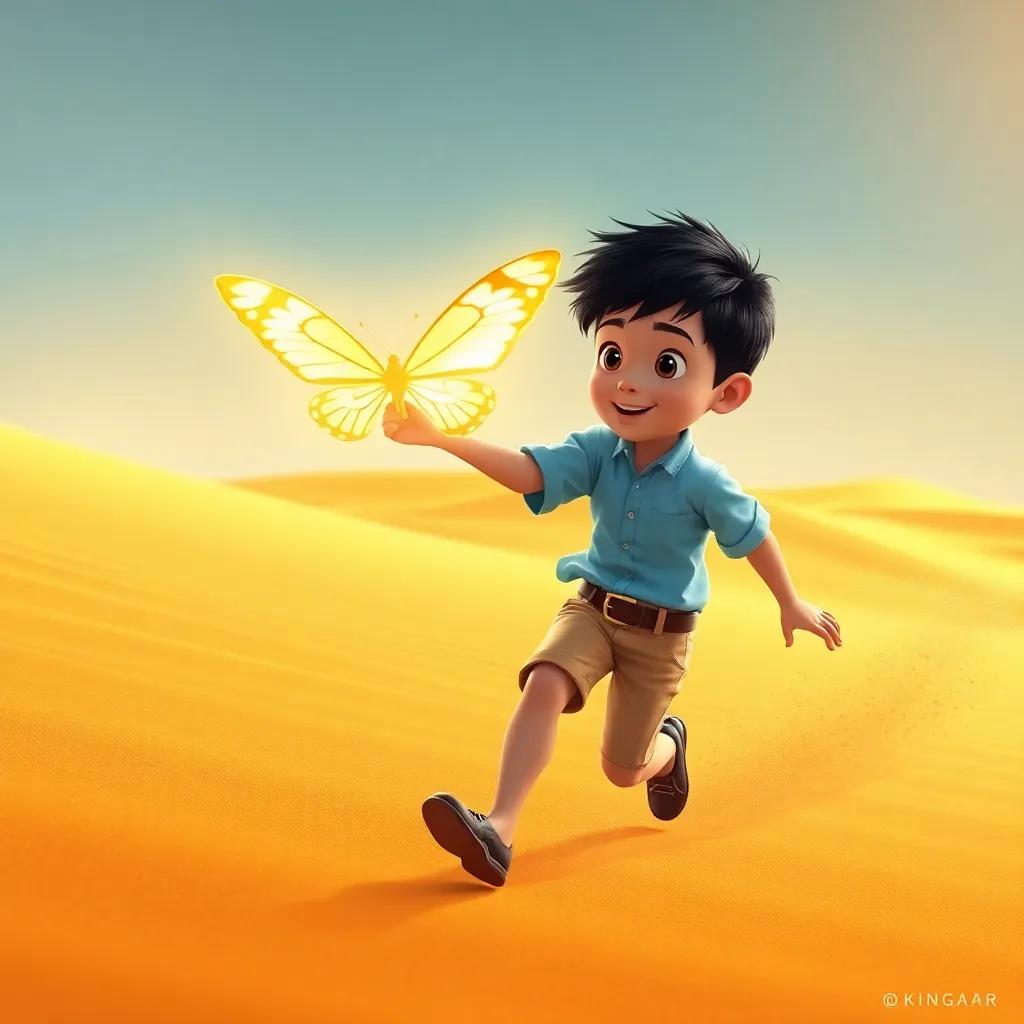 A young boy, Jack, with short black hair and wearing a light blue shirt and beige shorts, chasing a glowing butterfly in a golden desert with sparkling sand, digital art, vibrant colors, warm sunlight, adventurous atmosphere, high quality