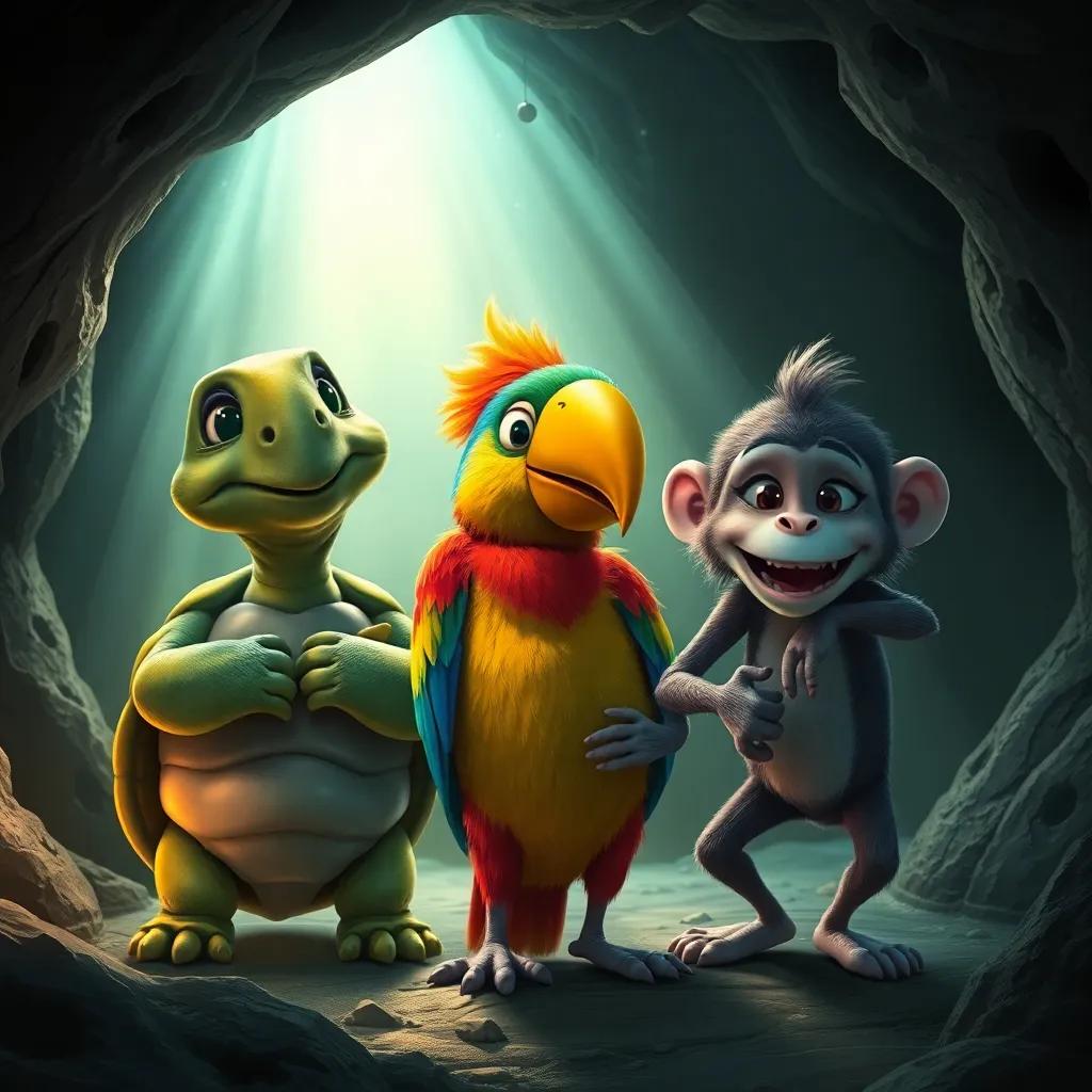 A wise turtle, a colorful parrot with a cheeky expression, and a mischievous monkey standing inside a dark cave, illuminated by a mysterious glowing light, each character showcasing their unique traits, detailed digital painting, diverse textures, soft glowing light, whimsical setting, high quality