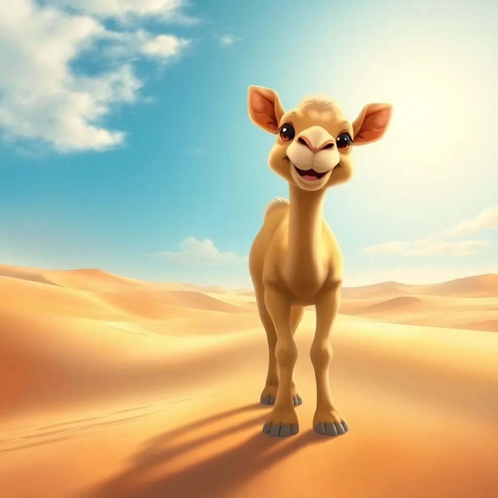 A cute little camel named Jamel, exploring a vast desert with soft sand dunes and a bright blue sky, playful and cheerful expression, digital art, warm colors, inviting atmosphere, high quality