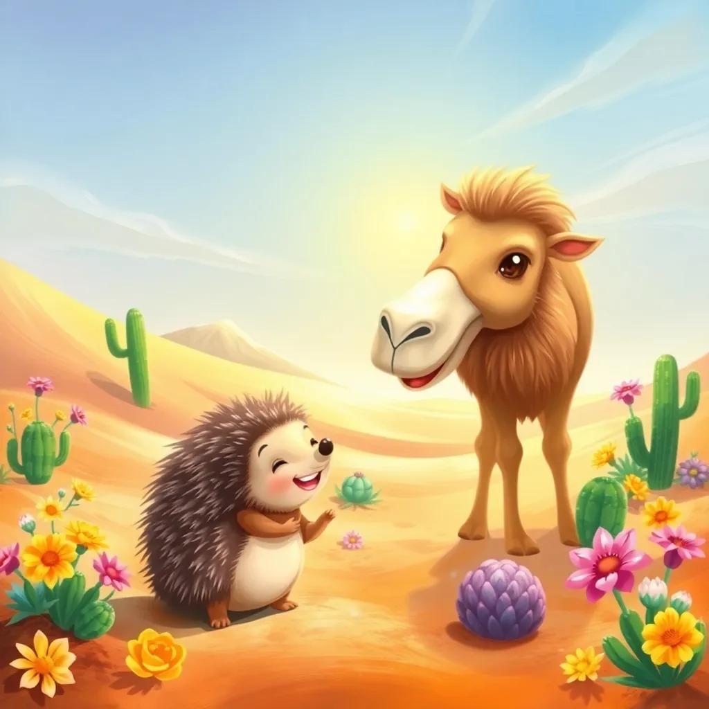 A small hedgehog, smiling and friendly, meeting Jamel the camel in the desert, surrounded by colorful flowers and cacti, joyful interaction, bright sunlight, child-friendly illustration, vibrant and cheerful