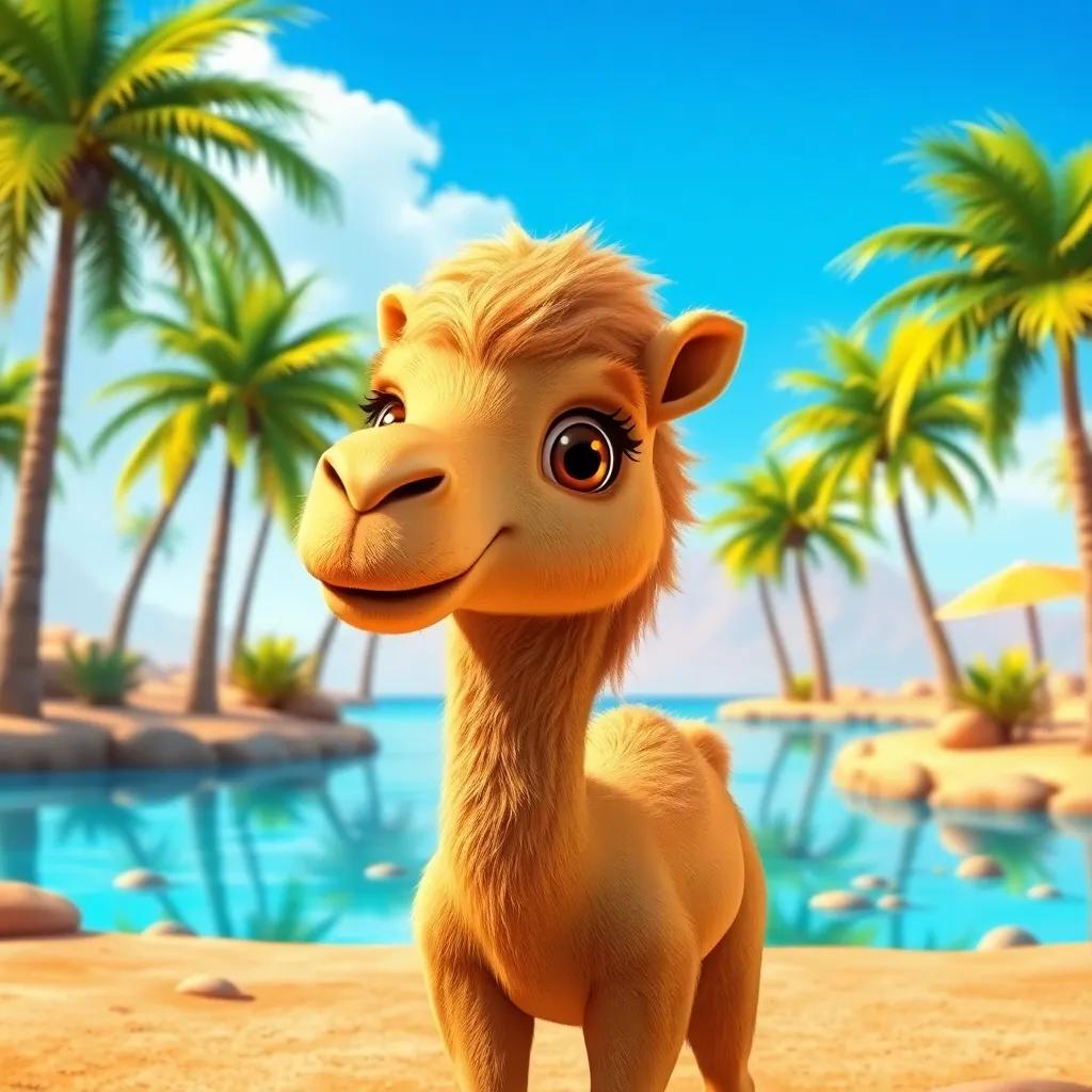 A small camel named Jamal, with golden fur and big eyes, standing in a beautiful oasis surrounded by palm trees and blue water, cheerful atmosphere, digital art, bright colors, warm light, inviting scene, high quality