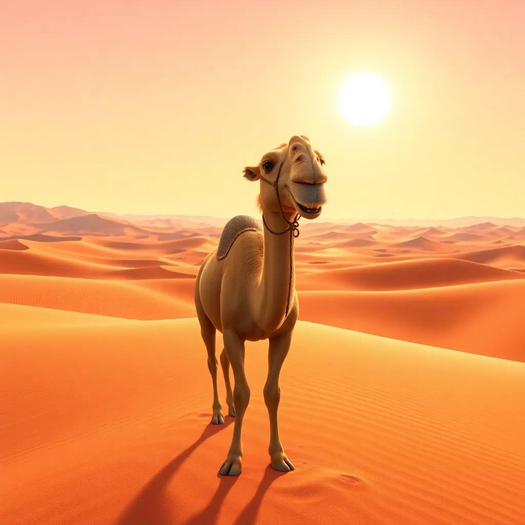 Jamal the camel in a vast desert with rolling sand dunes under a bright sun, looking excited but also a bit lonely, colorful landscape, warm light, high quality, playful perspective