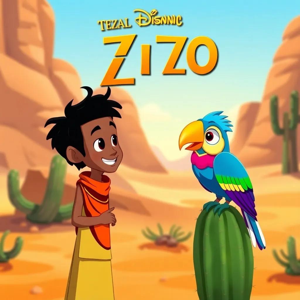 Jamal meeting a colorful bird named Zizo in the desert, with Zizo perched on a cactus, both characters looking friendly, vibrant colors, cheerful atmosphere, detailed illustration, high quality
