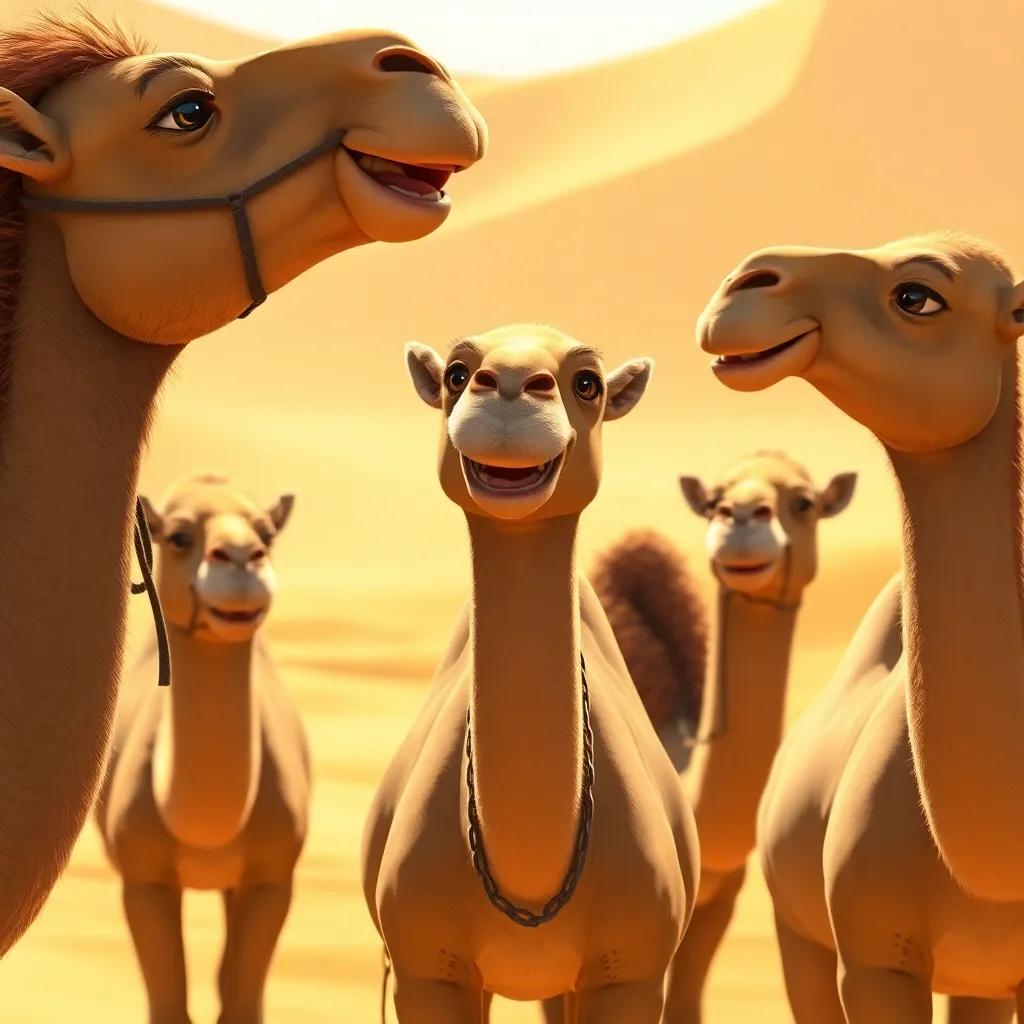 Jamal the camel talking with other camels in a caravan, all looking cheerful and engaged in conversation, golden sand dunes in the background, bright sunlight, uplifting scene, detailed art, high quality