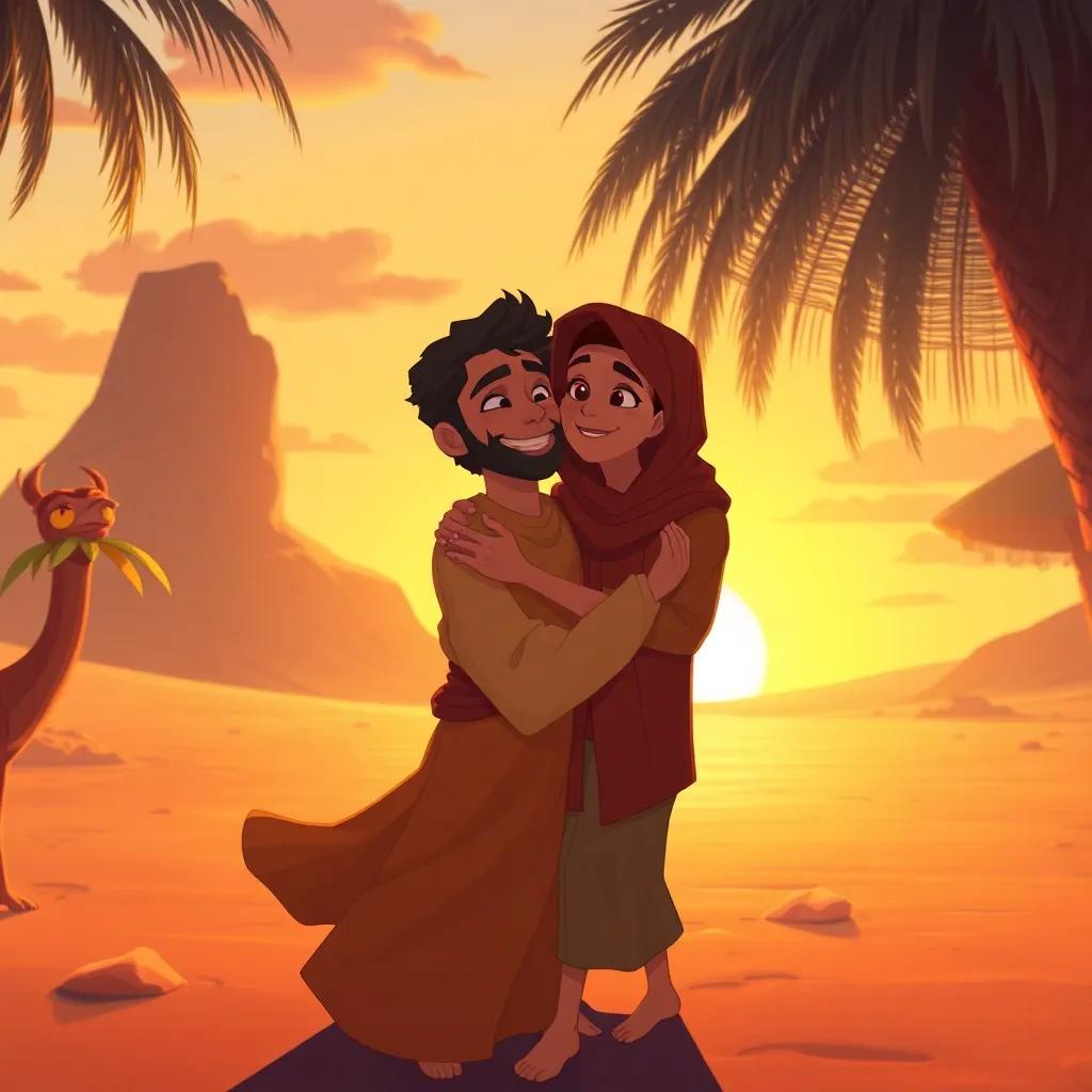 Jamal returning to his friend Reem in the oasis, both characters happy and embracing under the sunset, warm colors, heartwarming atmosphere, detailed digital painting, high quality