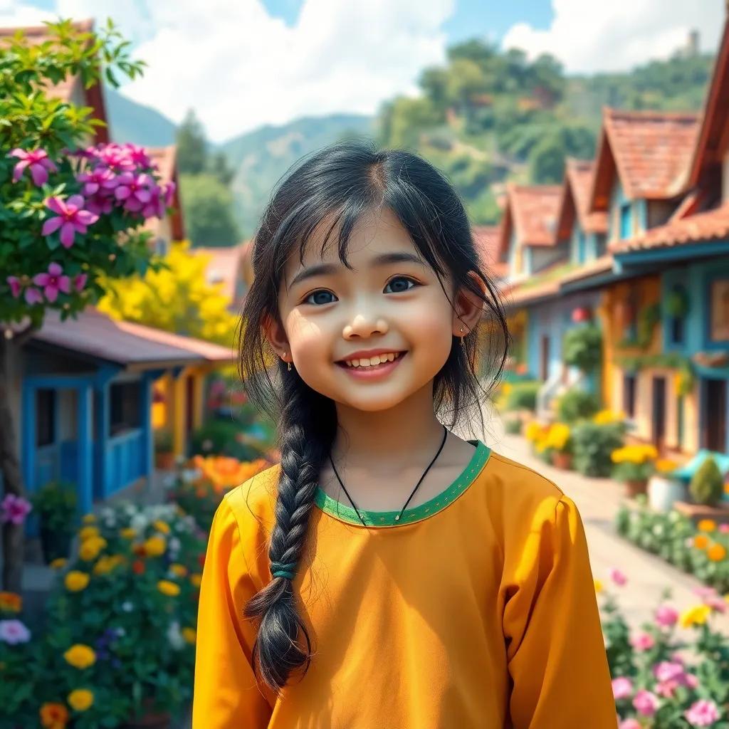 A young girl, م, with dark hair and bright clothes, smiling in a colorful village surrounded by trees and flowers, digital art, vibrant colors, cheerful atmosphere, high quality