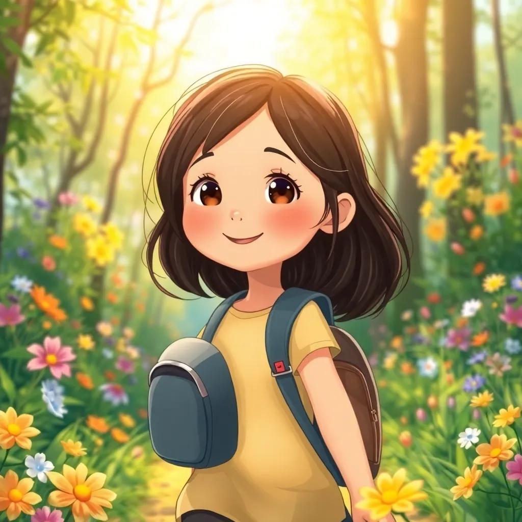 A young girl, م, with dark hair, wearing a small backpack, walking through a sunny forest filled with colorful flowers, illustration, bright colors, joyful mood, child-friendly