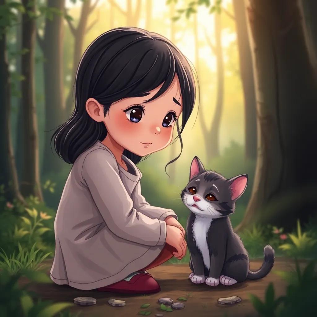 A young girl, م, with dark hair, kneeling beside a small crying cat in the forest, looking kind and friendly, illustration, warm light, inviting scene, high quality