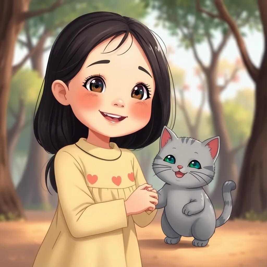 A young girl, م, with dark hair, and a small gray cat named ميمي, smiling and holding hands, surrounded by trees, illustration, colorful, happy atmosphere, child-friendly