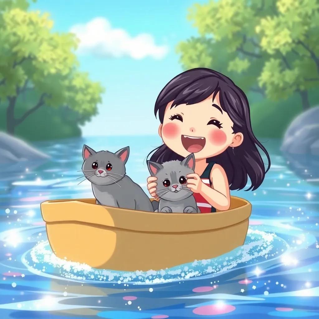 A young girl, م, with dark hair, standing in a small boat in a sparkling river with her gray cat ميمي, excited and joyful, bright blue sky, illustration, vibrant, cheerful
