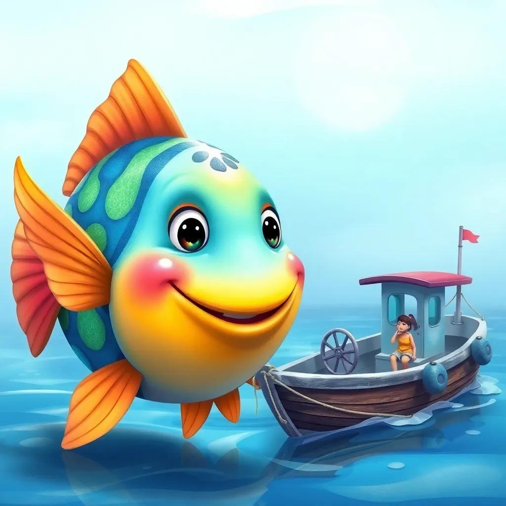 A large friendly fish, colorful and bright, swimming next to a small boat with م and ميمي, she looks curious and amazed, illustration, colorful, joyful scene, high quality